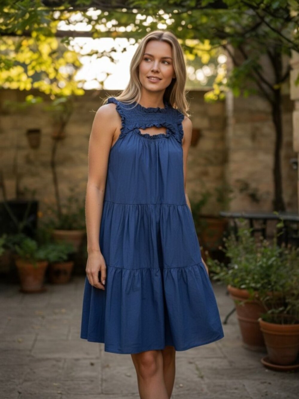 Sea New York Tiered Dress Sleeveless Cotton Crew Neck Ruffle Blue Womens 2